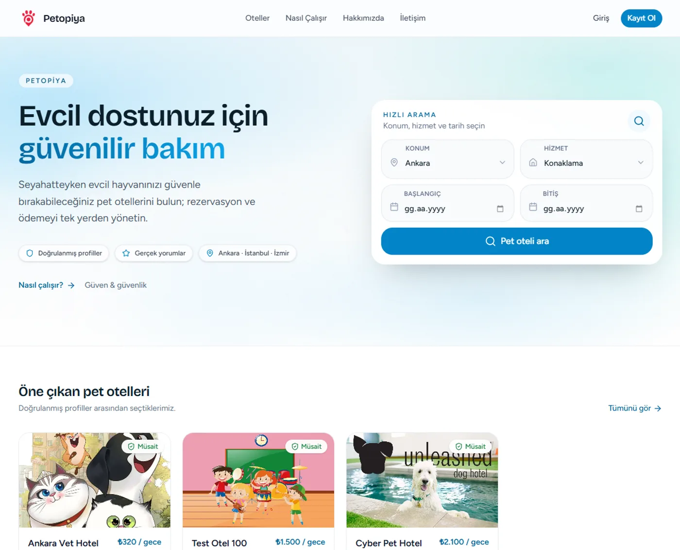 Petopiya web sitesinin giriş ekranı